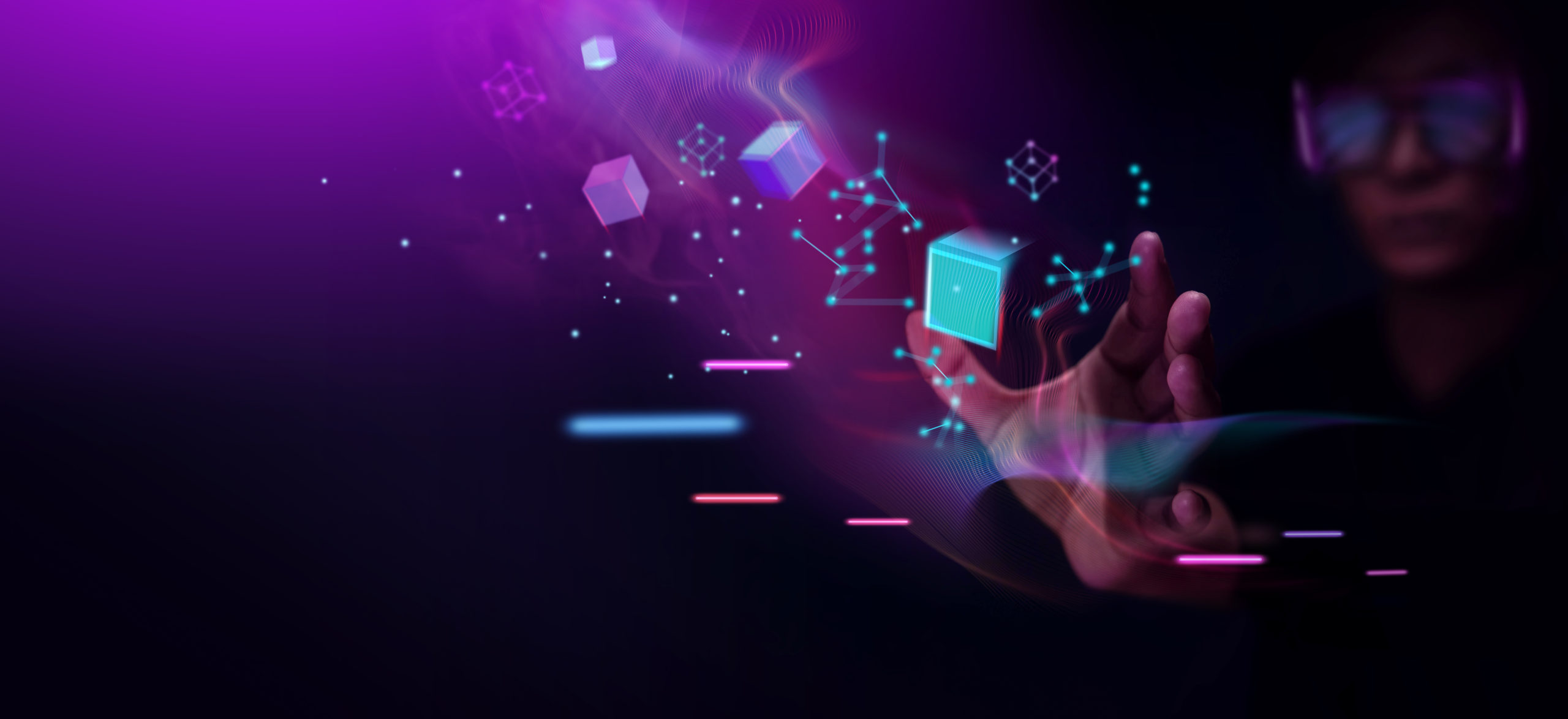 Metaverse and Blockchain Technology Concepts. Person with Glasses try to Touching Object for Experiences of Metaverse Virtual World